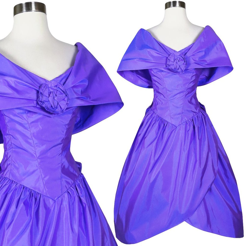 Vintage 80s Lavender Purple Taffeta Rosette Wrap Full Skirt Prom Party Dress XXS